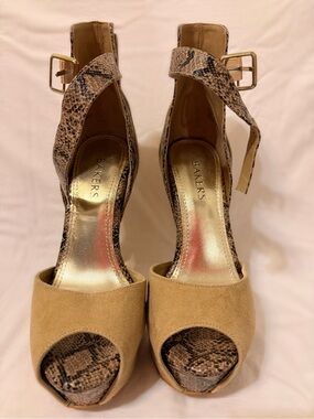 Bakers Snake-Accent Tan Suede Peep-Toe Platforms